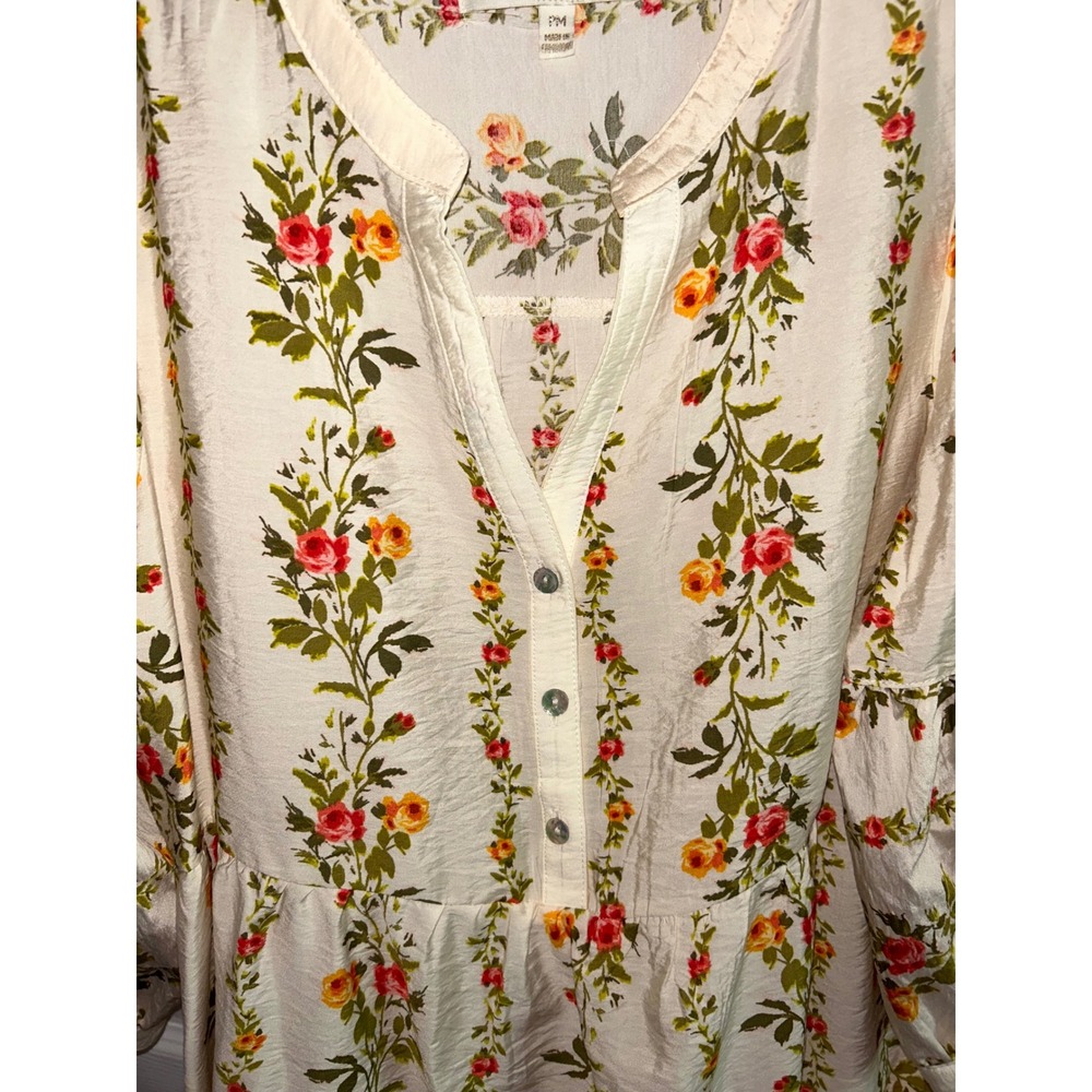 Figueroa + Flower Floral Tiered Midi Dress Cream Petite Medium PM Puff Sleeve